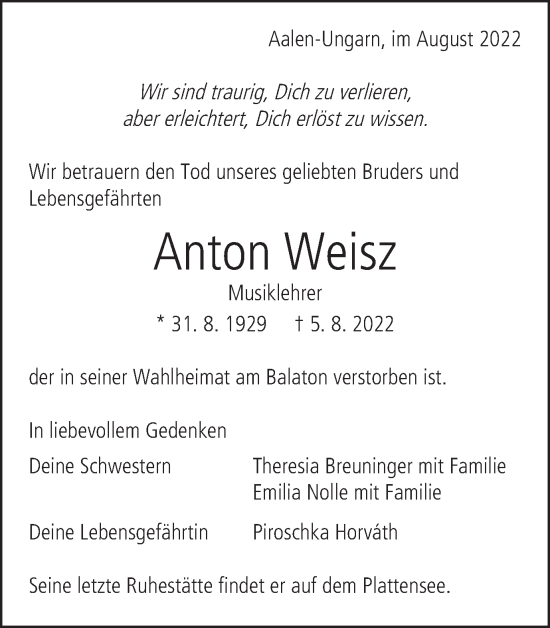 Traueranzeige von Anton Weisz von Schwäbische Post