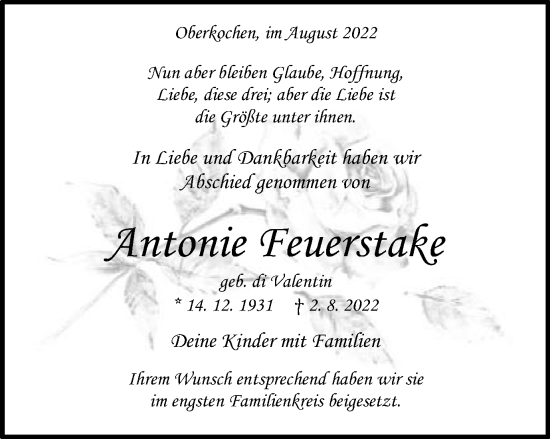 Traueranzeige von Antonie Feuerstake von Amtsblatt_Oko