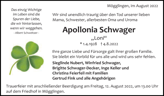 Traueranzeige von Apollonia Schwager von Gmünder Tagespost