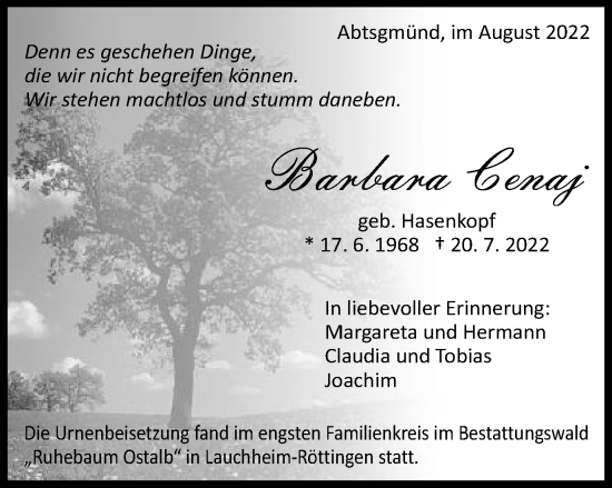 Traueranzeige von Barbara Cenaj von Schwäbische Post