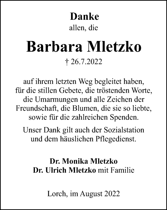 Traueranzeige von Barbara Mletzko von Gmünder Tagespost