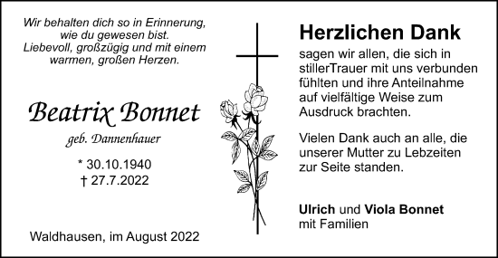 Traueranzeige von Beatrix Bonnet von Gmünder Tagespost