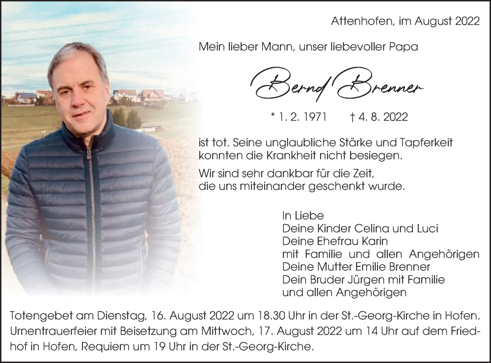  Traueranzeige für Bernd Brenner vom 13.08.2022 aus Schwäbische Post
