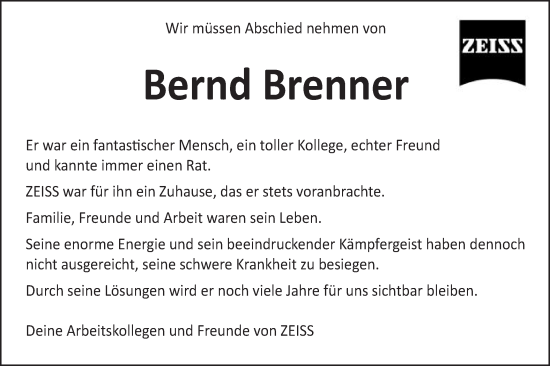 Traueranzeige von Bernd Brenner von Schwäbische Post