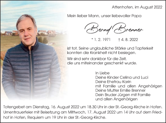Traueranzeige von Bernd Brenner von Schwäbische Post
