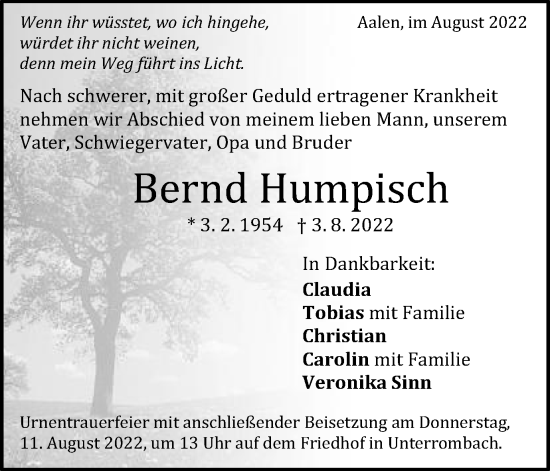 Traueranzeige von Bernd Humpisch von Schwäbische Post