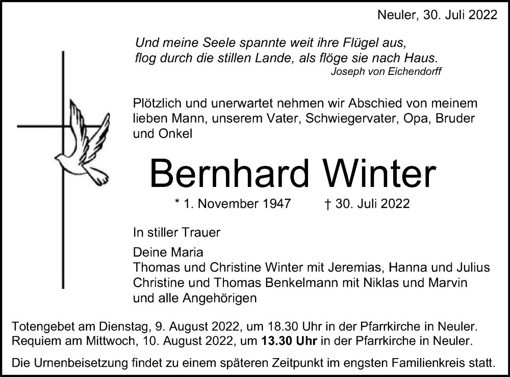  Traueranzeige für Bernhard Winter vom 08.08.2022 aus Schwäbische Post
