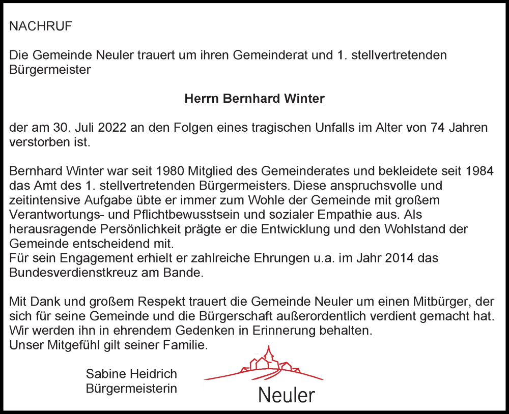  Traueranzeige für Bernhard Winter vom 08.08.2022 aus Schwäbische Post