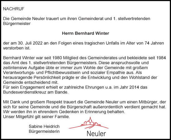 Traueranzeige von Bernhard Winter von Schwäbische Post