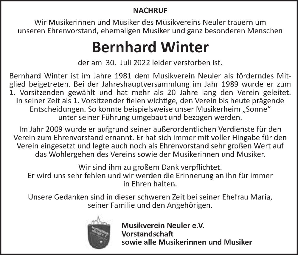  Traueranzeige für Bernhard Winter vom 10.08.2022 aus Schwäbische Post