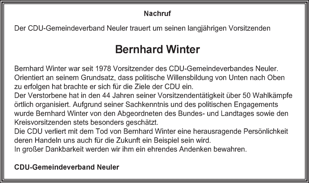  Traueranzeige für Bernhard Winter vom 10.08.2022 aus Schwäbische Post