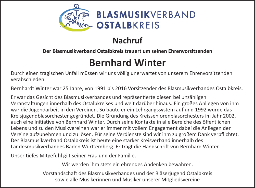  Traueranzeige für Bernhard Winter vom 10.08.2022 aus Schwäbische Post