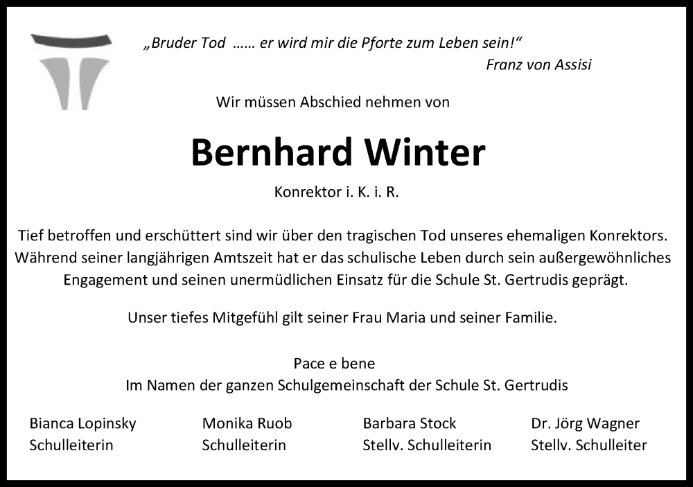 Traueranzeige für Bernhard Winter vom 08.08.2022 aus Schwäbische Post