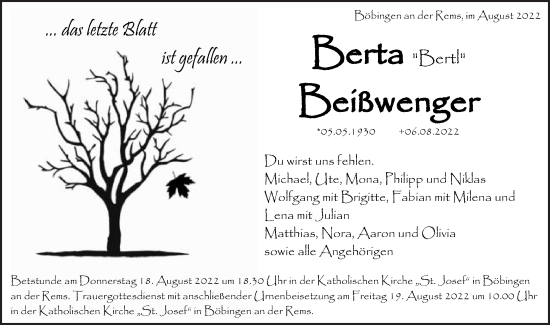 Traueranzeige von Berta Beißwenger von Gmünder Tagespost
