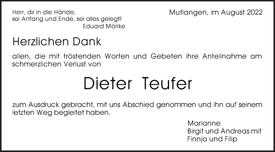 Traueranzeige von Dieter Teufer von Gmünder Tagespost