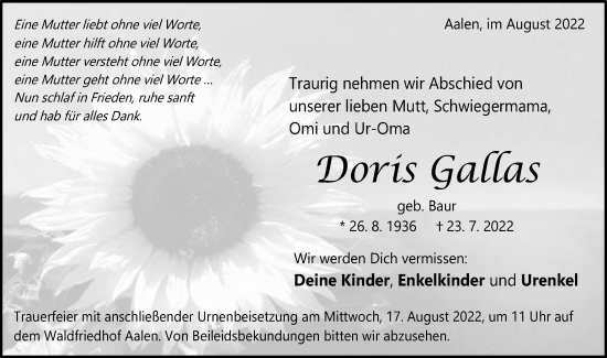 Traueranzeige von Doris Gallas von Schwäbische Post