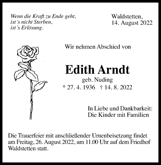 Traueranzeige von Edith Arndt von Gmünder Tagespost