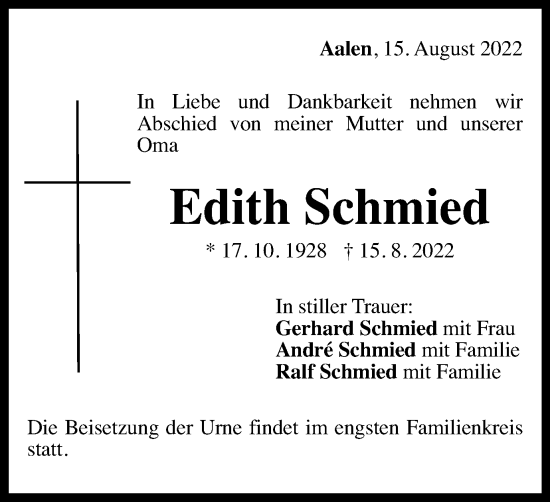 Traueranzeige von Edith Schmied von Schwäbische Post