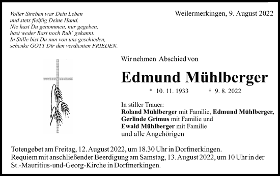Traueranzeige von Edmund Mühlberger von Schwäbische Post