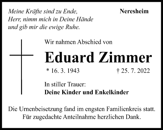 Traueranzeige von Eduard Zimmer von Schwäbische Post