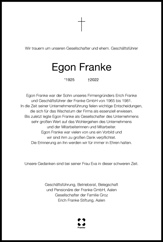 Traueranzeige von Egon Franke von Schwäbische Post