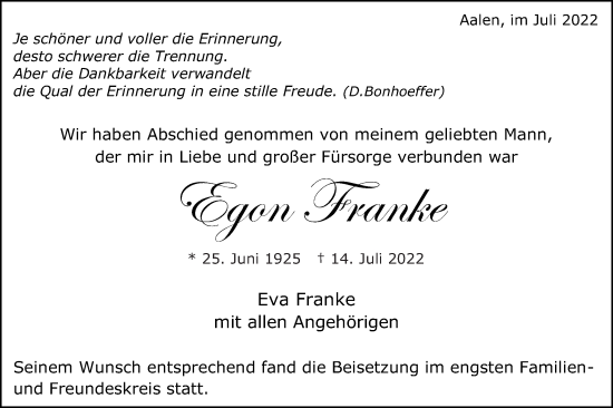 Traueranzeige von Egon Franke von Schwäbische Post