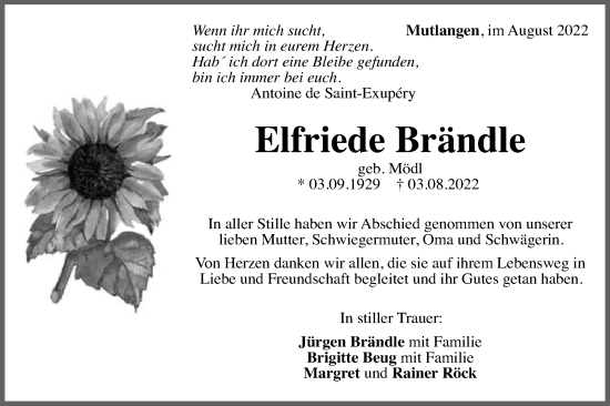 Traueranzeige von Elfriede Brändle von Gmünder Tagespost