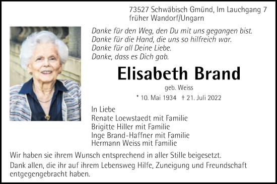 Traueranzeige von Elisabeth Brand von Gmünder Tagespost