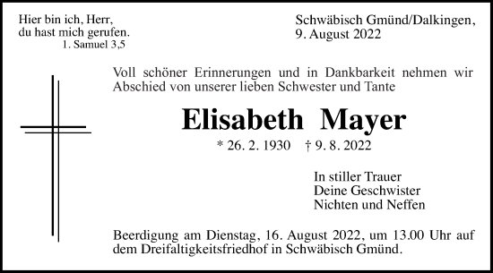 Traueranzeige von Elisabeth Mayer von Schwäbische Post