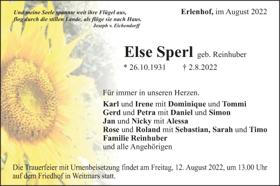 Traueranzeige von Else Sperl  von Gmünder Tagespost