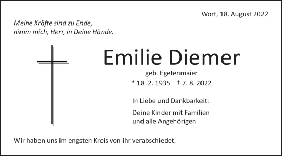 Traueranzeige von Emilie Diemer von Schwäbische Post