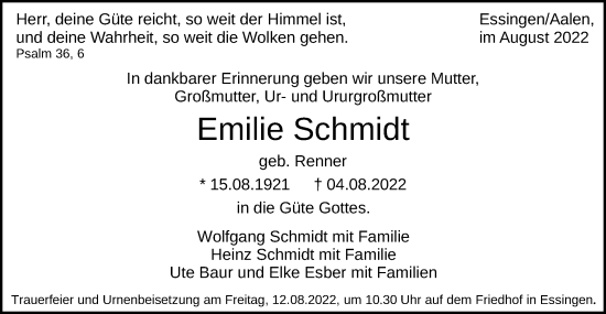 Traueranzeige von Emilie Schmidt von Schwäbische Post