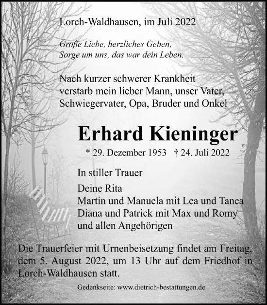 Traueranzeige von Erhard Kieninger von Gmünder Tagespost