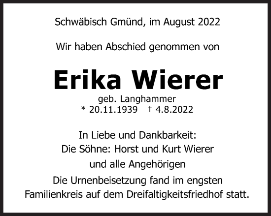 Traueranzeige von Erika Wierer von Gmünder Tagespost
