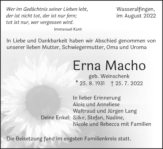 Traueranzeige von Erna Macho von Schwäbische Post