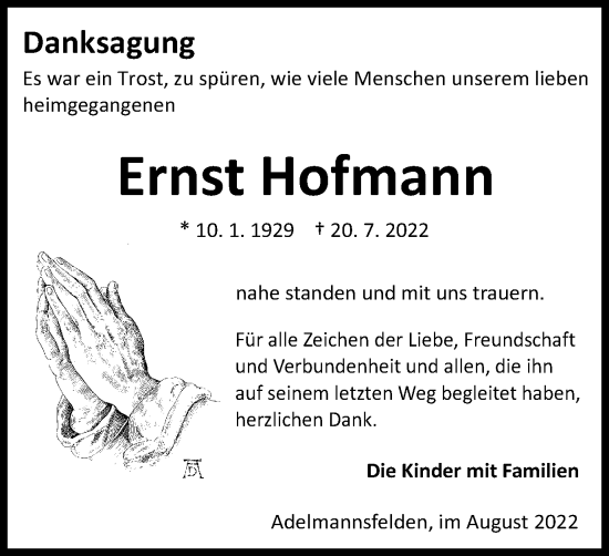 Traueranzeige von Ernst Hofmann von Schwäbische Post