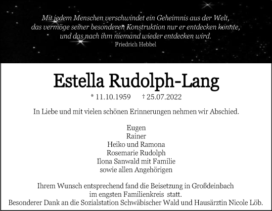 Traueranzeige von Estella Rudolph-Lang von Gmünder Tagespost