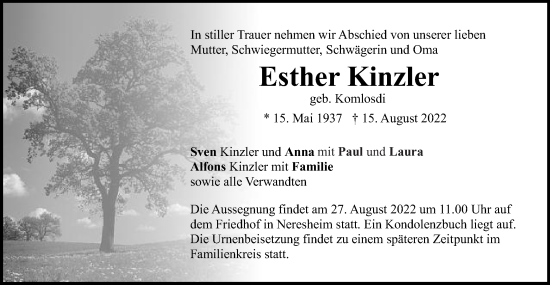 Traueranzeige von Esther Kinzler von Schwäbische Post