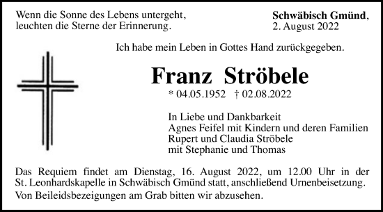 Traueranzeige von Franz Ströbele von Gmünder Tagespost