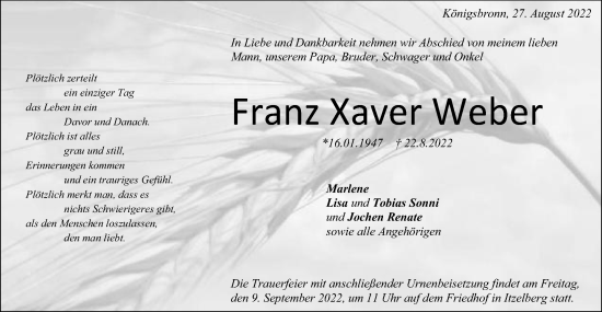 Traueranzeige von Franz Xaver Weber von Schwäbische Post
