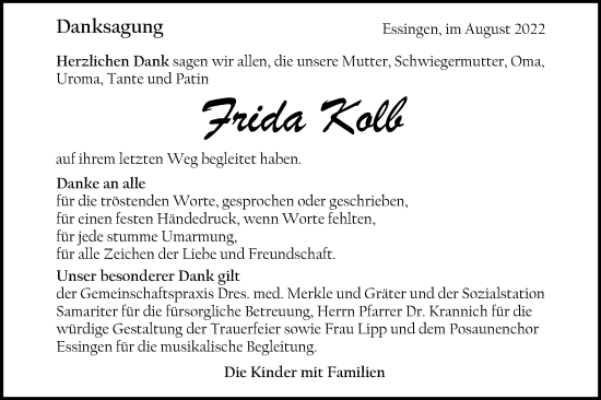 Traueranzeige von Frida Kolb von Schwäbische Post