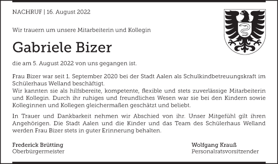 Traueranzeige von Gabriele Bizer von Schwäbische Post