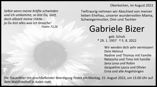 Traueranzeige von Gabriele Bizer von Schwäbische Post