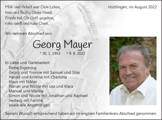 Traueranzeige von Georg Mayer von Schwäbische Post