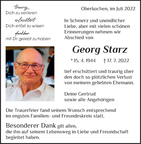 Traueranzeige von Georg Starz von Amtsblatt_Oko