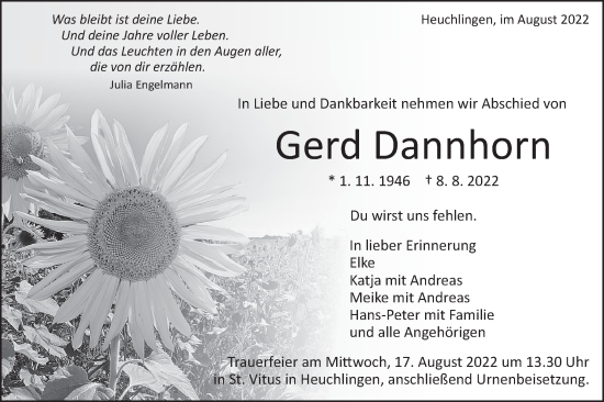 Traueranzeige von Gerd Dannhorn von Gmünder Tagespost