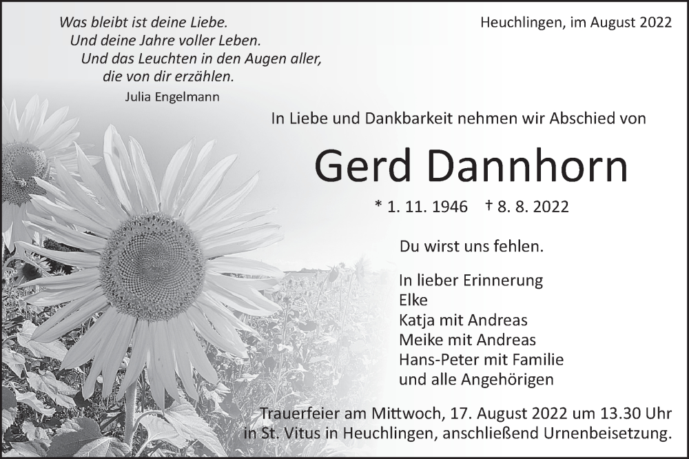  Traueranzeige für Gerd Dannhorn vom 13.08.2022 aus Gmünder Tagespost