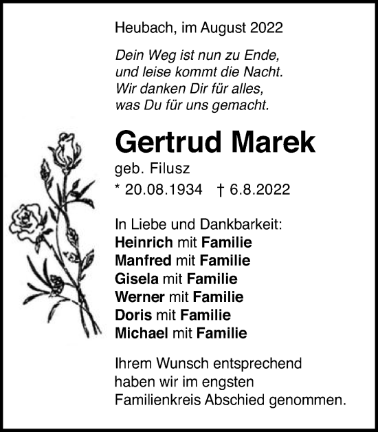 Traueranzeige von Gertrud Marek von Gmünder Tagespost