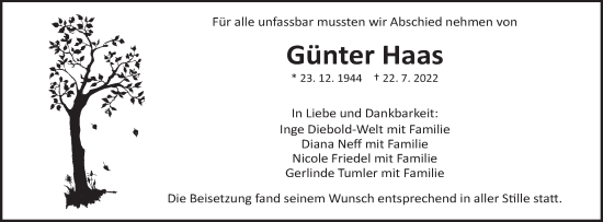 Traueranzeige von Günter Haas von Schwäbische Post