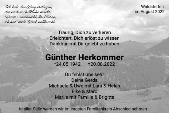 Traueranzeige von Günther Herkommer von Gmünder Tagespost